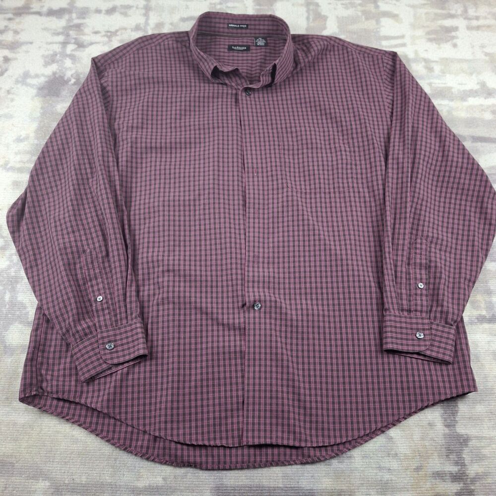 Van Heusen Shirt Mens XXL 18 18.5 Wrinkle Free Dress Shirt Plaid Burgundy Black